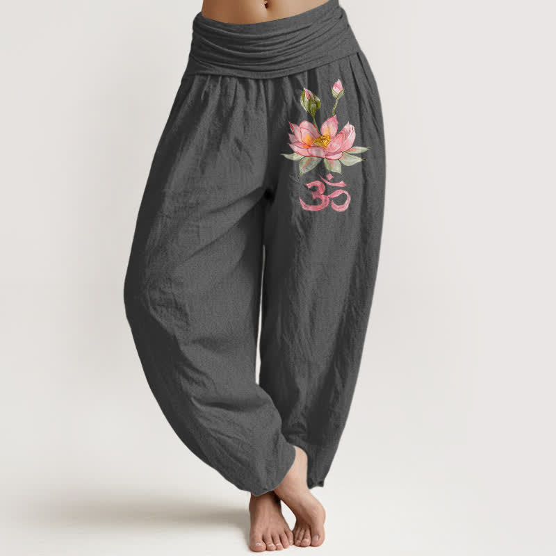 Buddha Stones Harembroek voor dames met elastische Taille en roze lotus-Om-patroon van 100% Cotton - Donkergrijs - US16, UK/AU20, EU48 (3XL) - image 8
