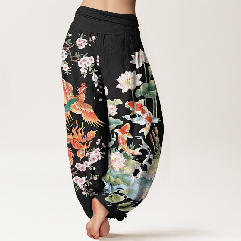 Buddha Stones Dames harembroek met elastische Taille en Phoenix Koi Lotus-patroon van katoen - image 2