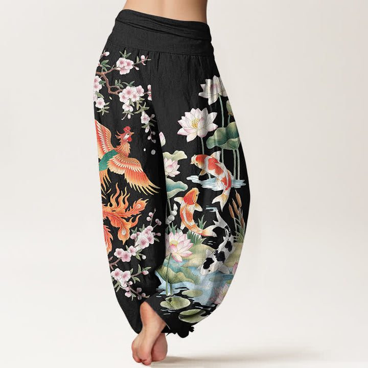 Buddha Stones Dames harembroek met elastische Taille en Phoenix Koi Lotus-patroon van katoen - image 2