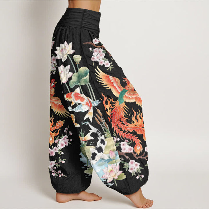 Buddha Stones Dames harembroek met elastische Taille en Phoenix Koi Lotus-patroon van katoen - image 1