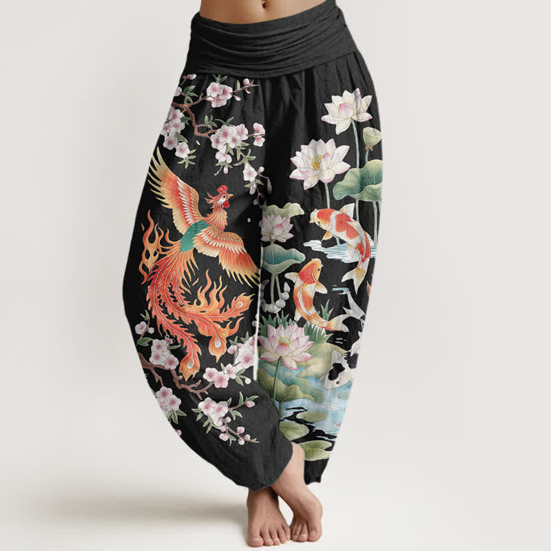 Buddha Stones Dames harembroek met elastische Taille en Phoenix Koi Lotus-patroon van katoen - Zwart - US16, UK/AU20, EU48 (3XL) - image 0