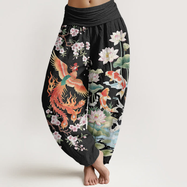 Buddha Stones Dames harembroek met elastische Taille en Phoenix Koi Lotus-patroon van katoen - Zwart - US16, UK/AU20, EU48 (3XL) - image 0
