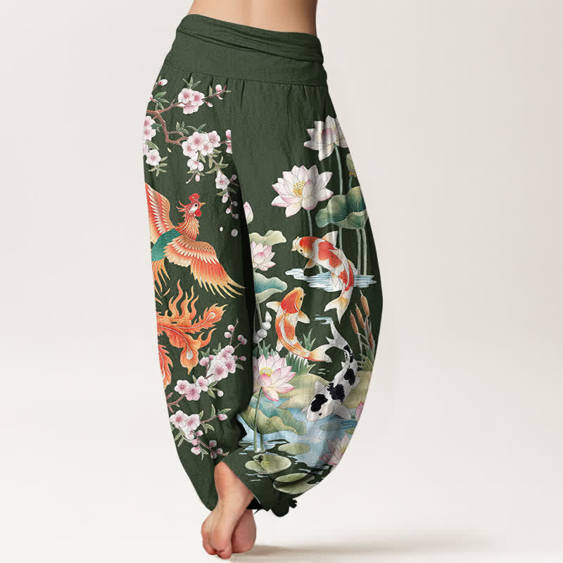 Buddha Stones Dames harembroek met elastische Taille en Phoenix Koi Lotus-patroon van katoen - image 7