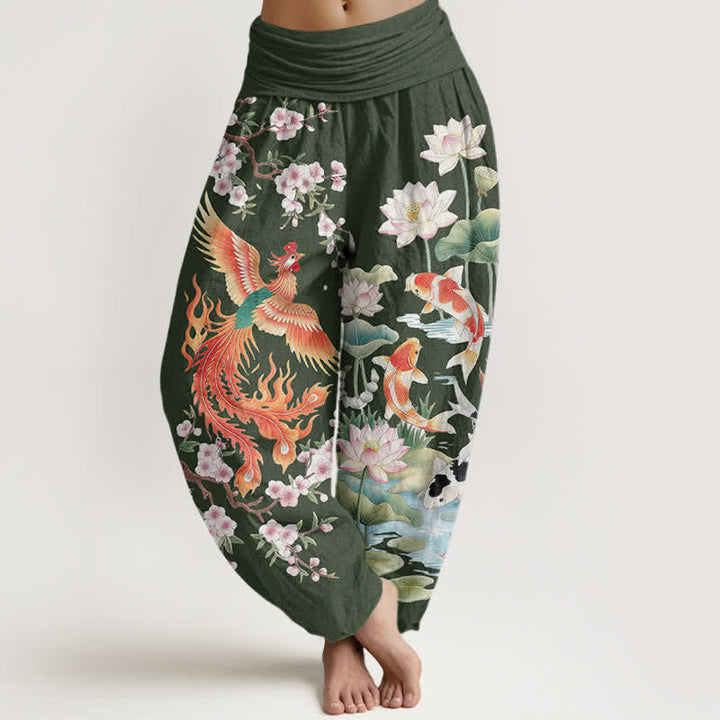 Buddha Stones Dames harembroek met elastische Taille en Phoenix Koi Lotus-patroon van katoen - Donker olijfgroen - US16, UK/AU20, EU48 (3XL) - image 5