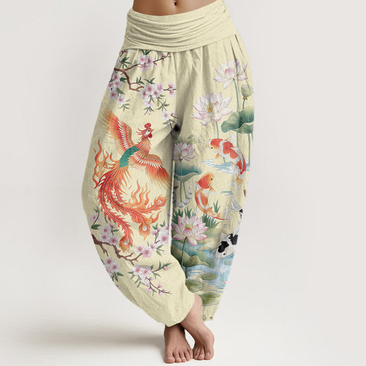 Buddha Stones Dames harembroek met elastische Taille en Phoenix Koi Lotus-patroon van katoen - Lichtgoudgeel - US16, UK/AU20, EU48 (3XL) - image 8
