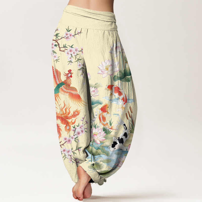 Buddha Stones Dames harembroek met elastische Taille en Phoenix Koi Lotus-patroon van katoen - image 10