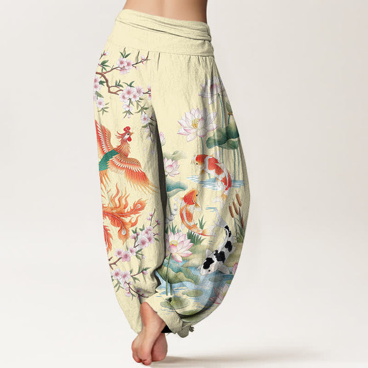 Buddha Stones Dames harembroek met elastische Taille en Phoenix Koi Lotus-patroon van katoen - image 10