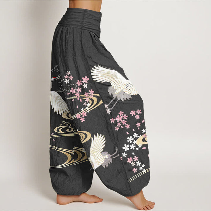 Buddha Stones Dames harembroek met elastische Taille en kraanvogel- en sakura-patroon. - image 1