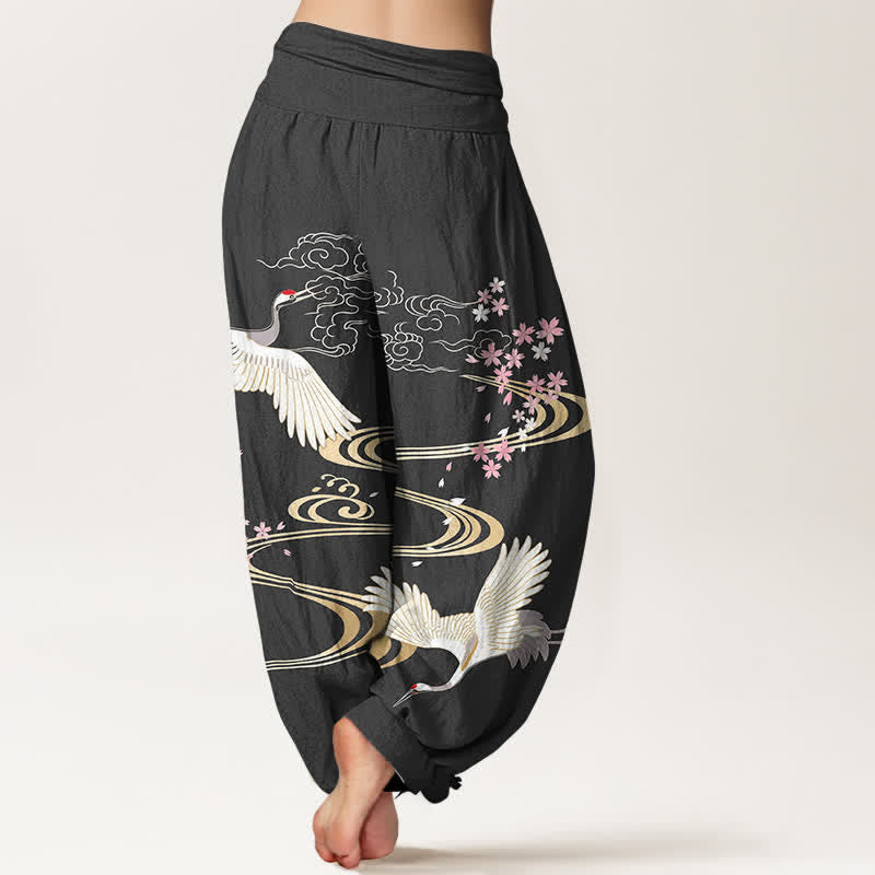 Buddha Stones Dames harembroek met elastische Taille en kraanvogel- en sakura-patroon. - image 2