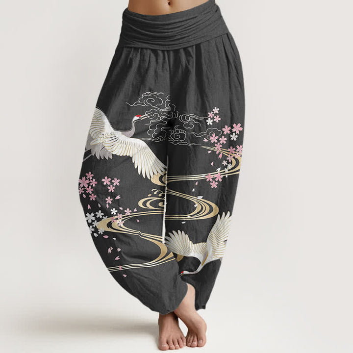 Buddha Stones Dames harembroek met elastische Taille en kraanvogel- en sakura-patroon. - Donkergrijs - US16, UK/AU20, EU48 (3XL) - image 0