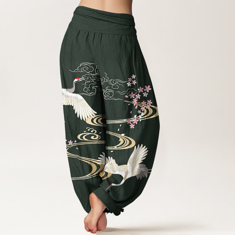 Buddha Stones Dames harembroek met elastische Taille en kraanvogel- en sakura-patroon. - image 7