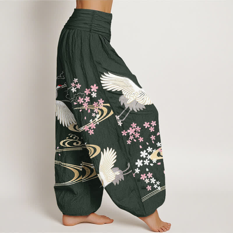 Buddha Stones Dames harembroek met elastische Taille en kraanvogel- en sakura-patroon. - image 6