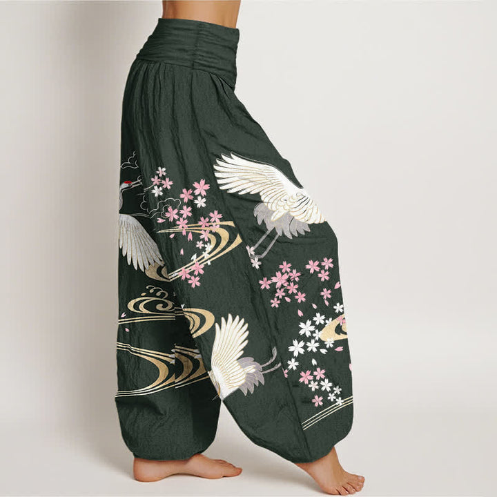 Buddha Stones Dames harembroek met elastische Taille en kraanvogel- en sakura-patroon. - image 6