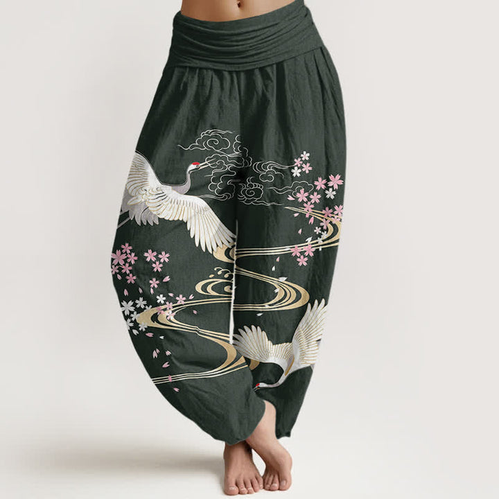 Buddha Stones Dames harembroek met elastische Taille en kraanvogel- en sakura-patroon. - Donkergroen - US16, UK/AU20, EU48 (3XL) - image 5