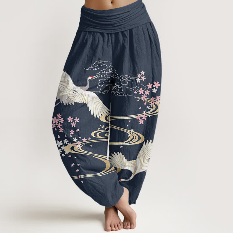 Buddha Stones Dames harembroek met elastische Taille en kraanvogel- en sakura-patroon. - Marine - US16, UK/AU20, EU48 (3XL) - image 8
