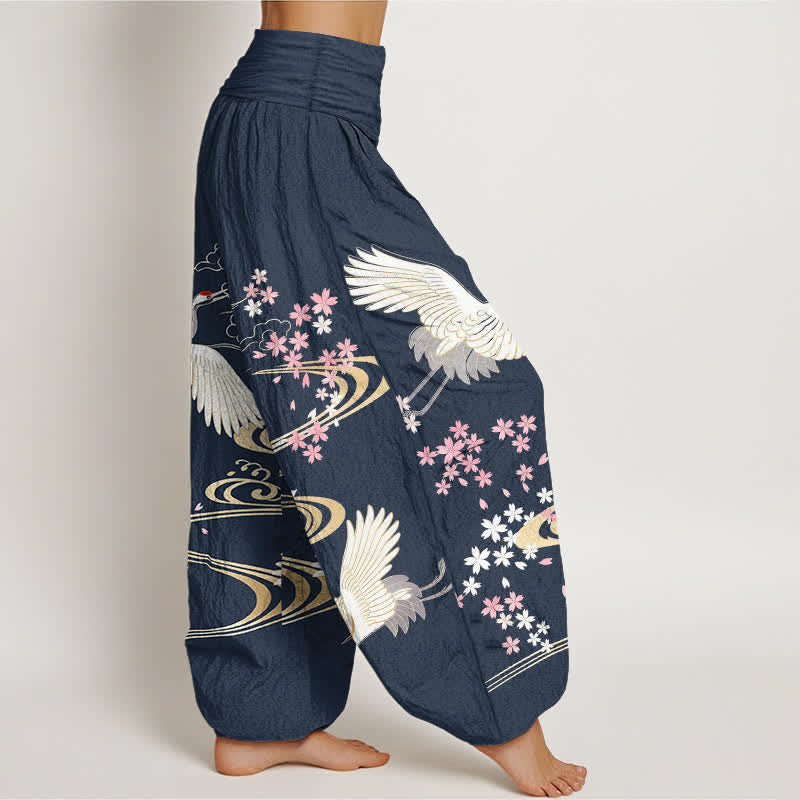Buddha Stones Dames harembroek met elastische Taille en kraanvogel- en sakura-patroon. - image 9
