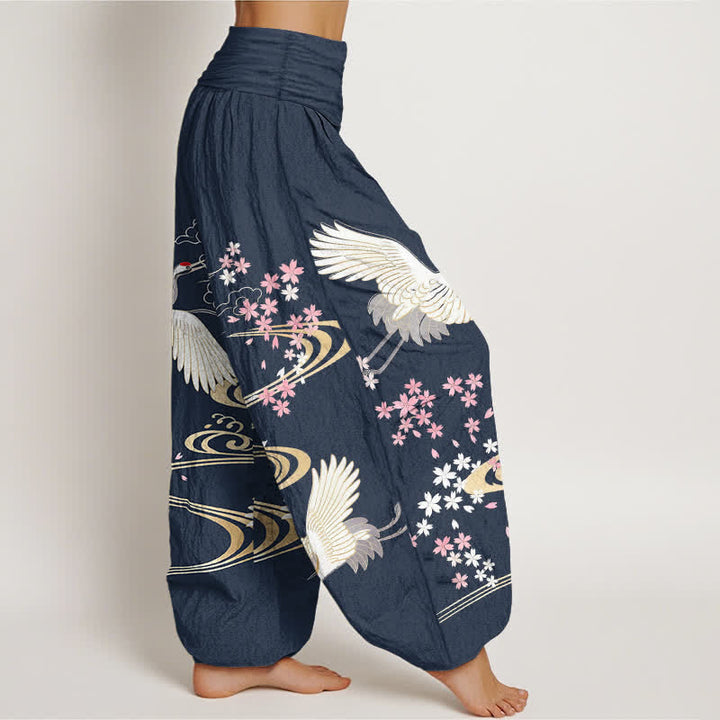 Buddha Stones Dames harembroek met elastische Taille en kraanvogel- en sakura-patroon. - image 9