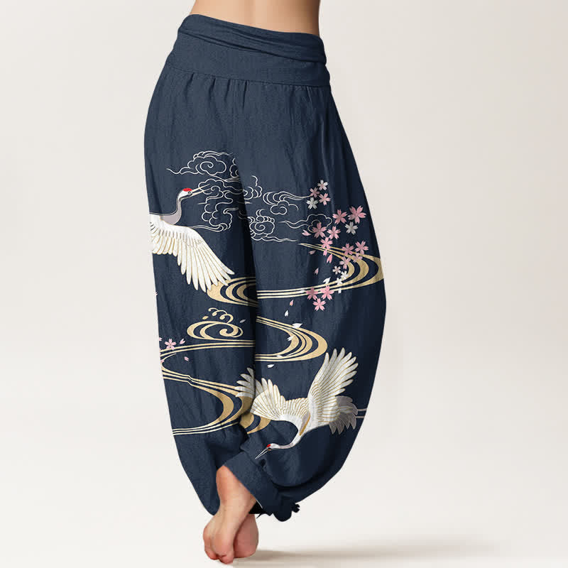 Buddha Stones Dames harembroek met elastische Taille en kraanvogel- en sakura-patroon. - image 10