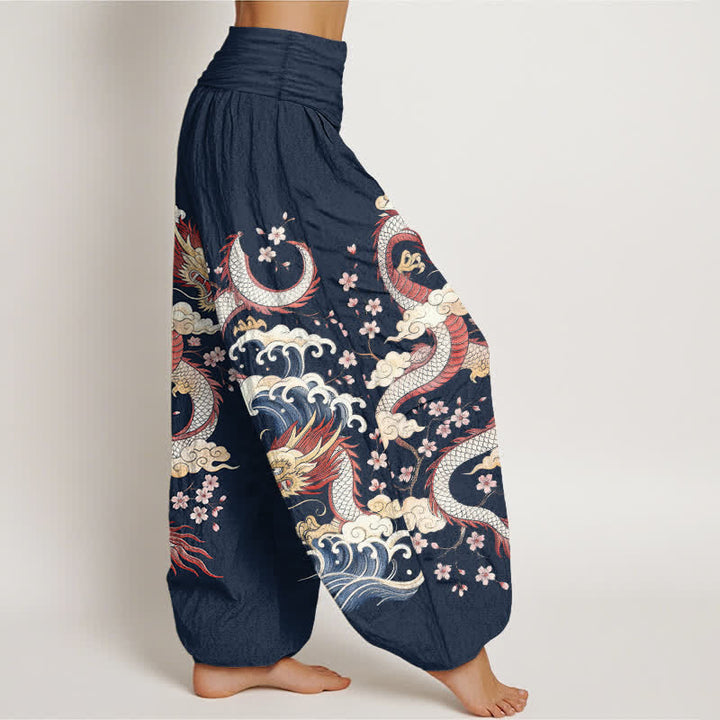 Buddha Stones Dames harembroek met elastische Taille en drakengolf- en bloesempatroon - image 1