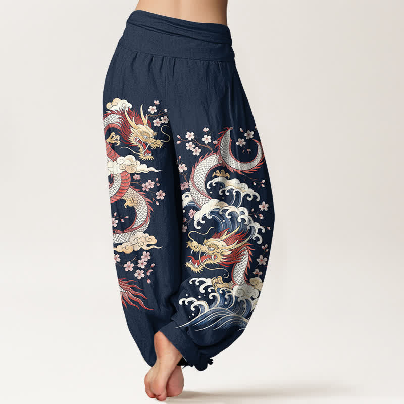 Buddha Stones Dames harembroek met elastische Taille en drakengolf- en bloesempatroon - image 2