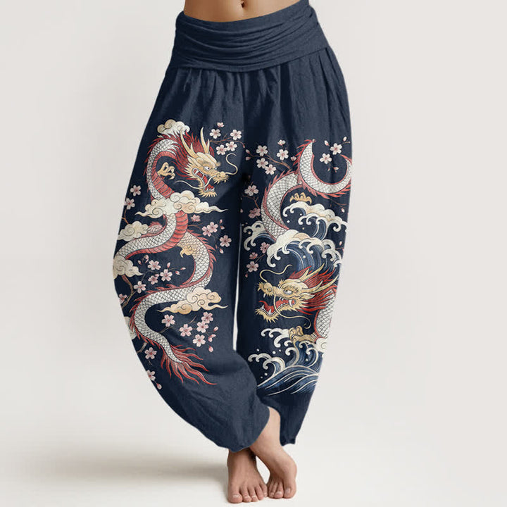 Buddha Stones Dames harembroek met elastische Taille en drakengolf- en bloesempatroon - Marine - US16, UK/AU20, EU48 (3XL) - image 0