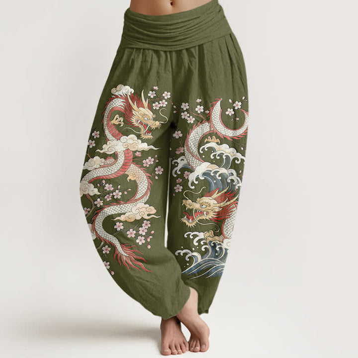 Buddha Stones Dames harembroek met elastische Taille en drakengolf- en bloesempatroon - Olijfgroen - US16, UK/AU20, EU48 (3XL) - image 5