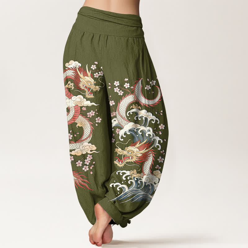Buddha Stones Dames harembroek met elastische Taille en drakengolf- en bloesempatroon - image 7