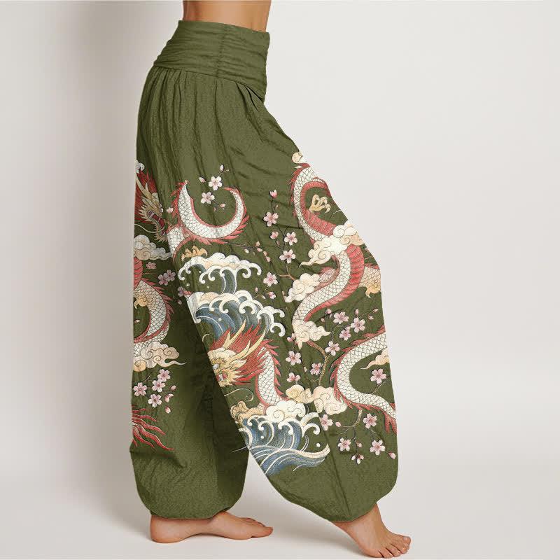 Buddha Stones Dames harembroek met elastische Taille en drakengolf- en bloesempatroon - image 6