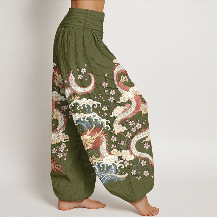Buddha Stones Dames harembroek met elastische Taille en drakengolf- en bloesempatroon - image 6
