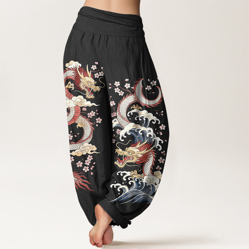 Buddha Stones Dames harembroek met elastische Taille en drakengolf- en bloesempatroon - image 10
