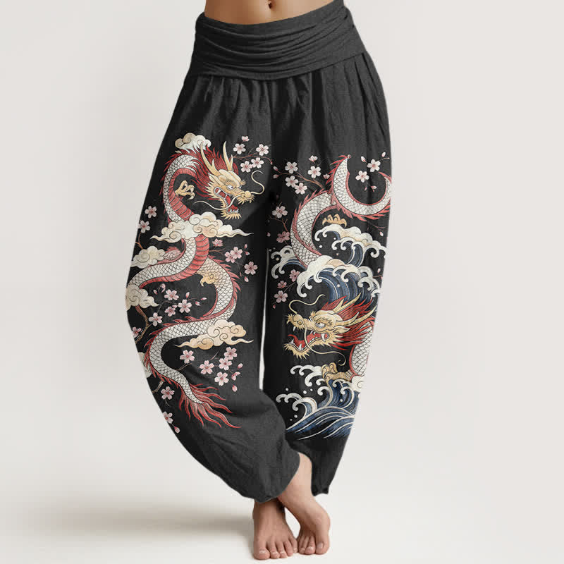 Buddha Stones Dames harembroek met elastische Taille en drakengolf- en bloesempatroon - Zwart - US16, UK/AU20, EU48 (3XL) - image 8