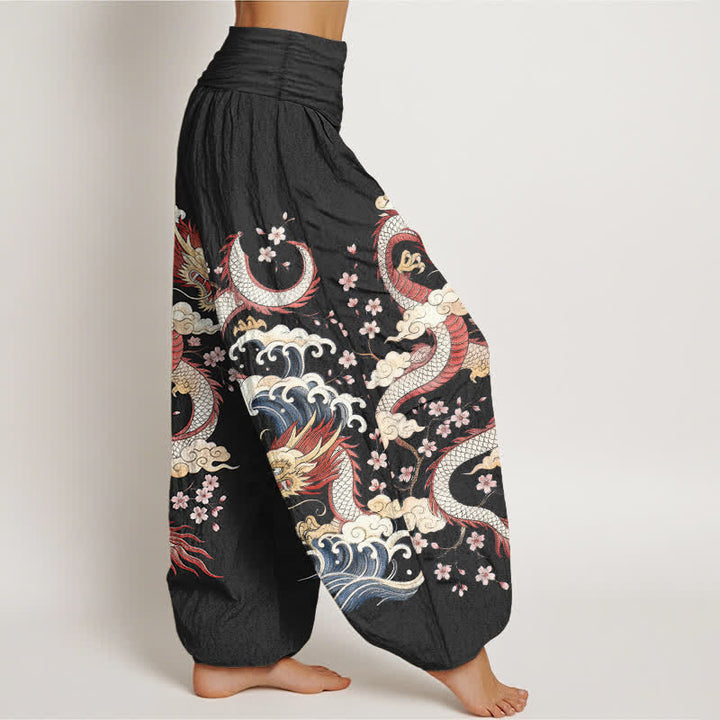 Buddha Stones Dames harembroek met elastische Taille en drakengolf- en bloesempatroon - image 9