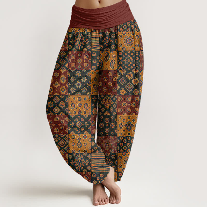 Buddha Stones Dames harembroek met elastische Taille en Boheemse patchwork en paisleyprint van katoen - Bruin - US16, UK/AU20, EU48 (3XL) - image 0