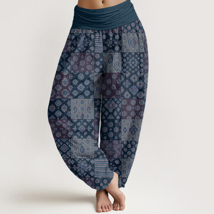 Buddha Stones Dames harembroek met elastische Taille en Boheemse patchwork en paisleyprint van katoen - Staalblauw - US16, UK/AU20, EU48 (3XL) - image 5