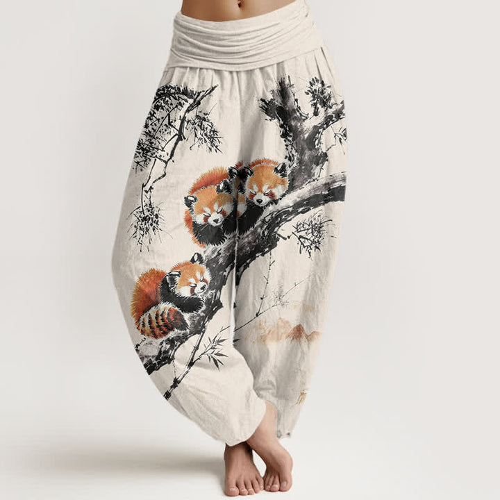 Buddha Stones Dames harembroek met elastische Taille en print van katoen, bamboe en rode panda - Linnen - US16, UK/AU20, EU48 (3XL) - image 0