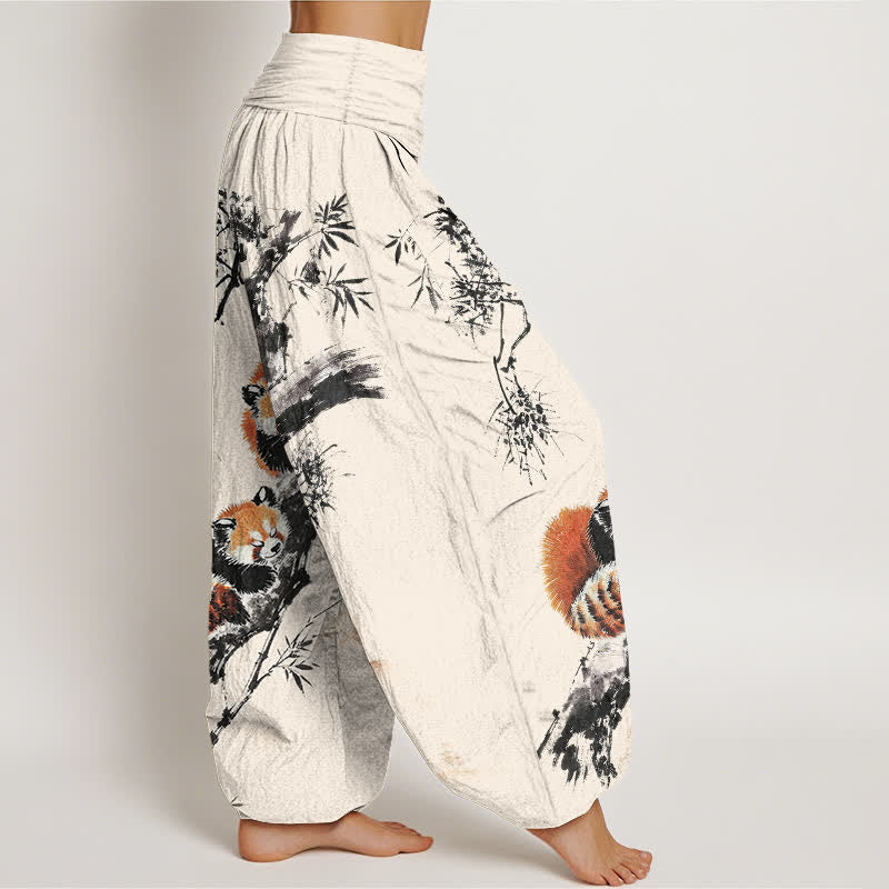 Buddha Stones Dames harembroek met elastische Taille en print van katoen, bamboe en rode panda - image 1
