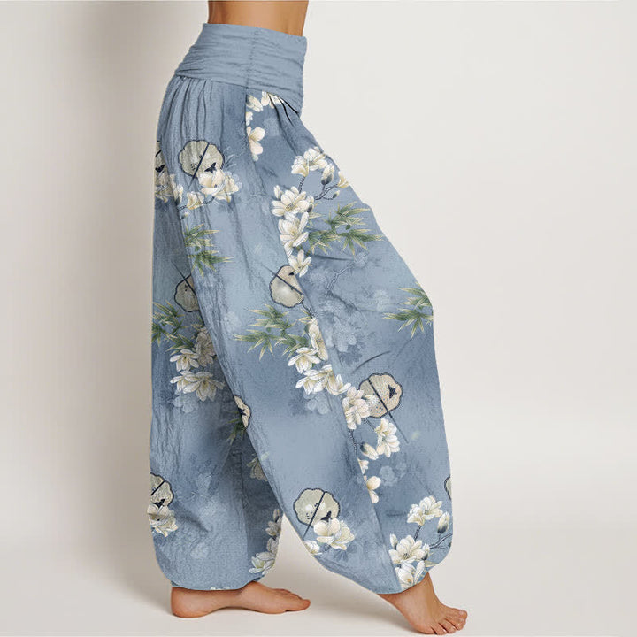 Buddha Stones Dames harembroek met elastische Taille en wit bloemenbladpatroon van Cotton Fans - image 1
