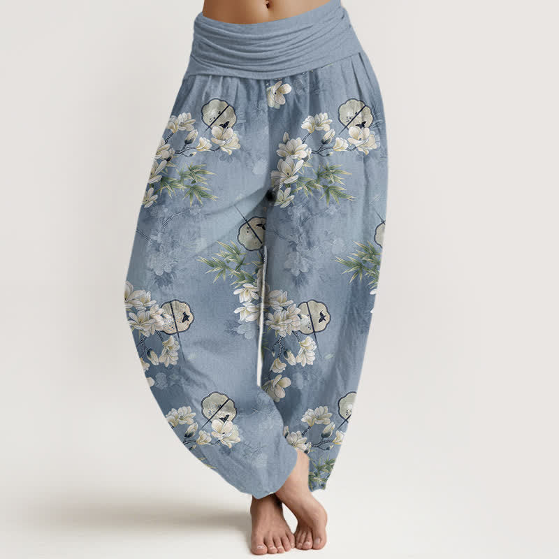 Buddha Stones Dames harembroek met elastische Taille en wit bloemenbladpatroon van Cotton Fans - Licht Hemelsblauw - US16, UK/AU20, EU48 (3XL) - image 0