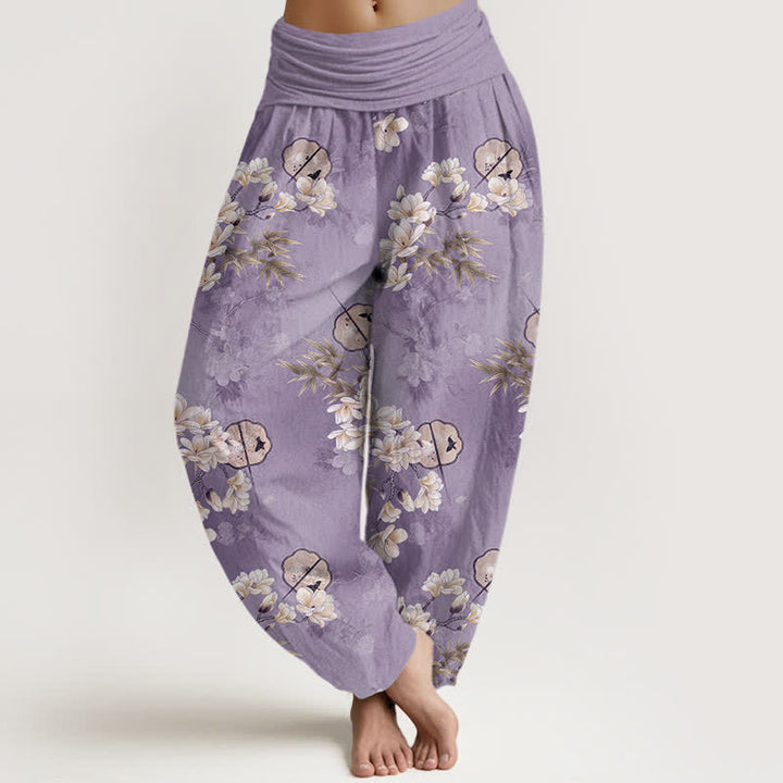Buddha Stones Dames harembroek met elastische Taille en wit bloemenbladpatroon van Cotton Fans - Middelpaars - US16, UK/AU20, EU48 (3XL) - image 5