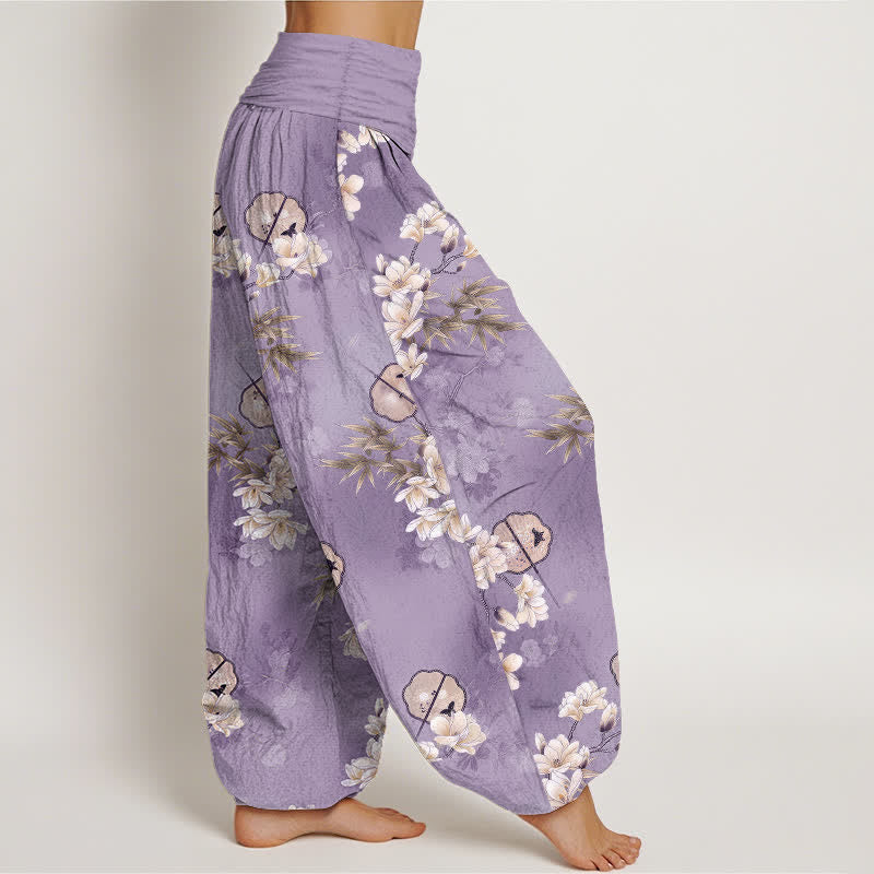 Buddha Stones Dames harembroek met elastische Taille en wit bloemenbladpatroon van Cotton Fans - image 6