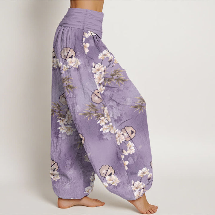 Buddha Stones Dames harembroek met elastische Taille en wit bloemenbladpatroon van Cotton Fans - image 6