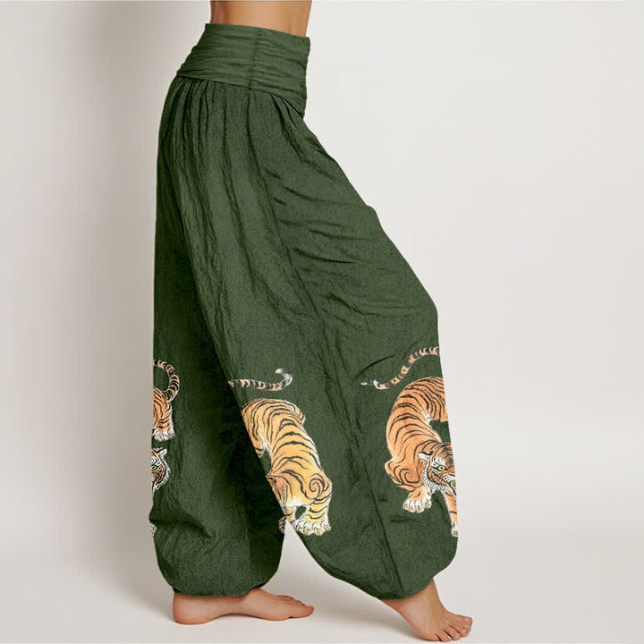 Buddha Stones Harembroek voor dames met elastische Taille en majestueus katoenen tijgerpatroon - image 2