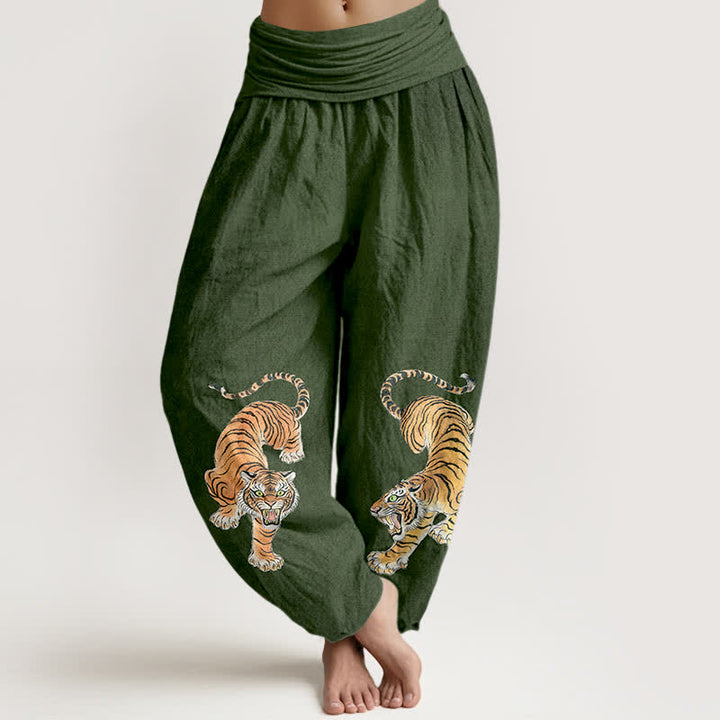 Buddha Stones Harembroek voor dames met elastische Taille en majestueus katoenen tijgerpatroon - Bosgroen - US16, UK/AU20, EU48 (3XL) - image 0