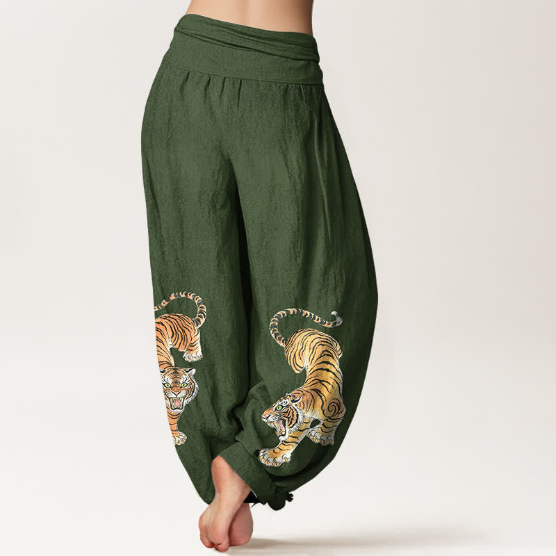 Buddha Stones Harembroek voor dames met elastische Taille en majestueus katoenen tijgerpatroon - image 1