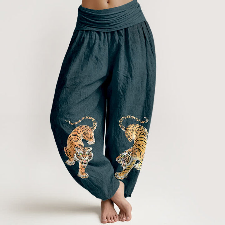 Buddha Stones Harembroek voor dames met elastische Taille en majestueus katoenen tijgerpatroon - Staalblauw - US16, UK/AU20, EU48 (3XL) - image 5