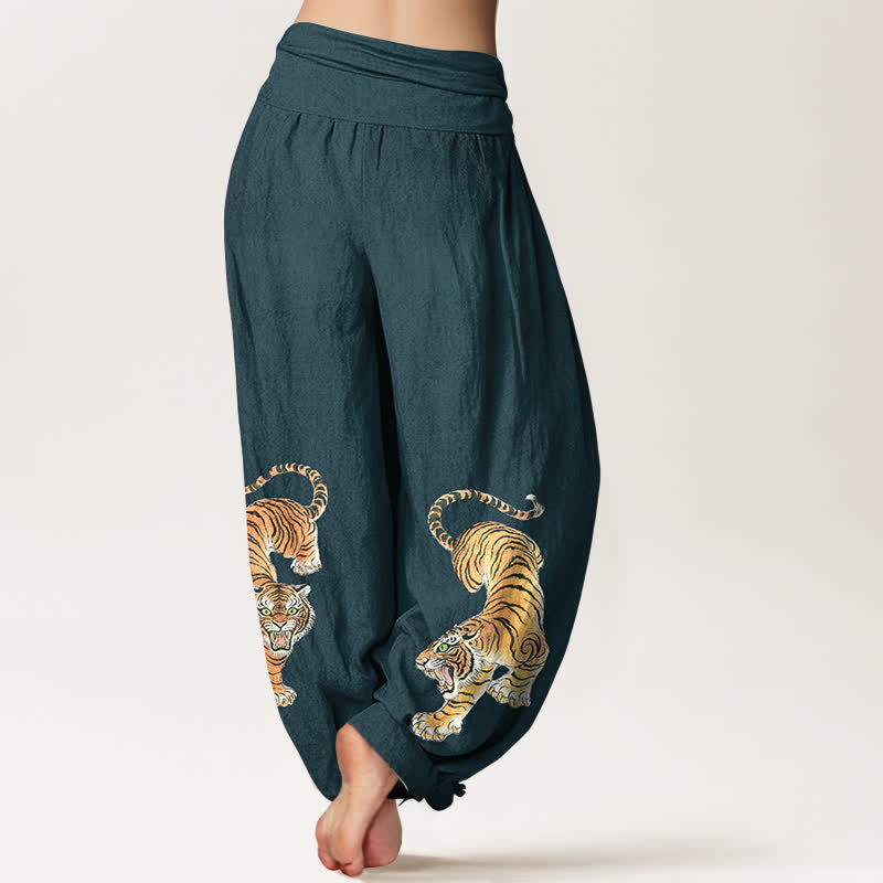 Buddha Stones Harembroek voor dames met elastische Taille en majestueus katoenen tijgerpatroon - image 7