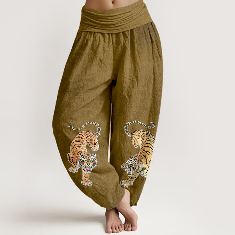 Buddha Stones Harembroek voor dames met elastische Taille en majestueus katoenen tijgerpatroon - Donkergoudenroede - US16, UK/AU20, EU48 (3XL) - image 8