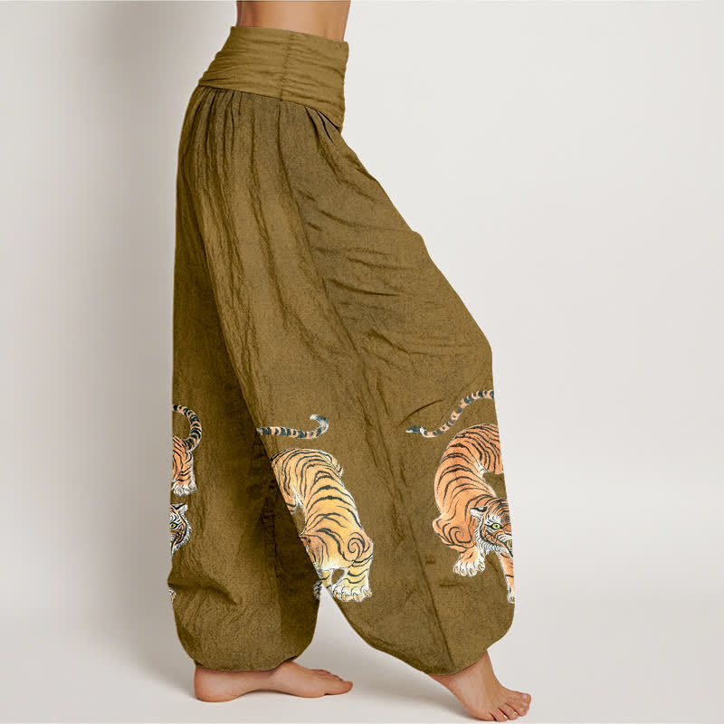 Buddha Stones Harembroek voor dames met elastische Taille en majestueus katoenen tijgerpatroon - image 9