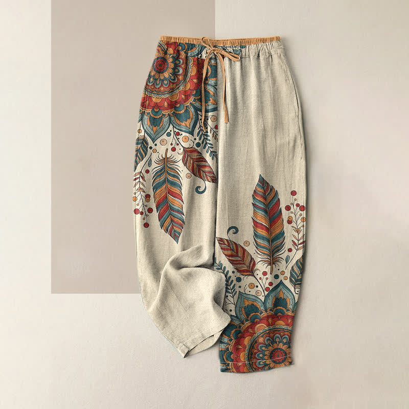 Buddha Stones Elegante damesbroek van 100% Cotton met bohemian bloemenprint, elastische Taille en Zakken. - Rood - US16, UK/AU20, EU48 (3XL) - image 0