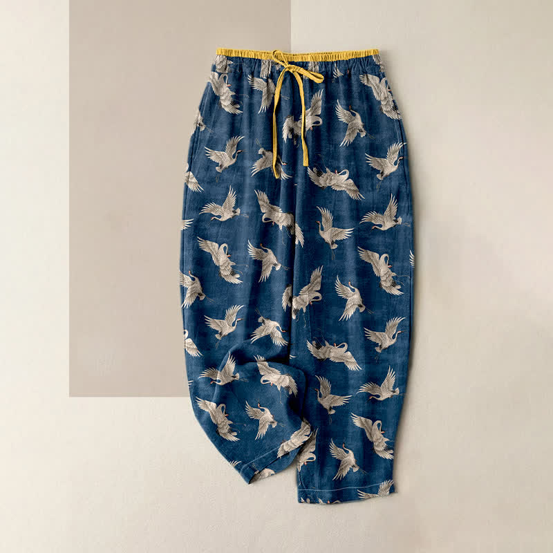 Buddha Stones Damesbroek van 100% Cotton met elastische Taille en Zakken , met sierlijk kraanvogelpatroon. - Marine - US16, UK/AU20, EU48 (3XL) - image 0